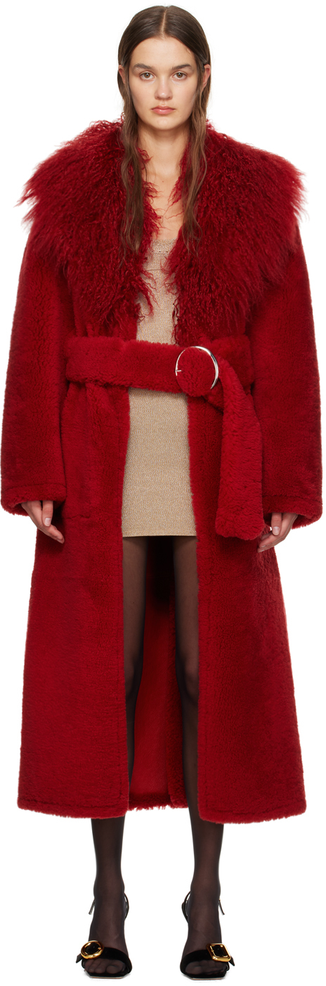 Red Guirlande 'Le Manteau Long Pilou' Shearling Coat