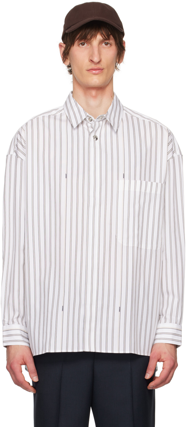 Jacquemus White 'la Chemise Manches Longue' Shirt In Print Beige Stripes