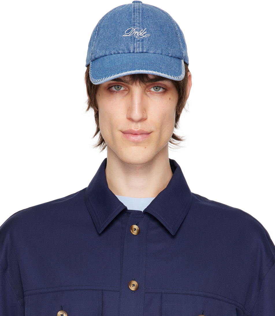 Shop Drôle De Monsieur Blue 'la Casquette Drôle Brodée' Cap In Stone Wash