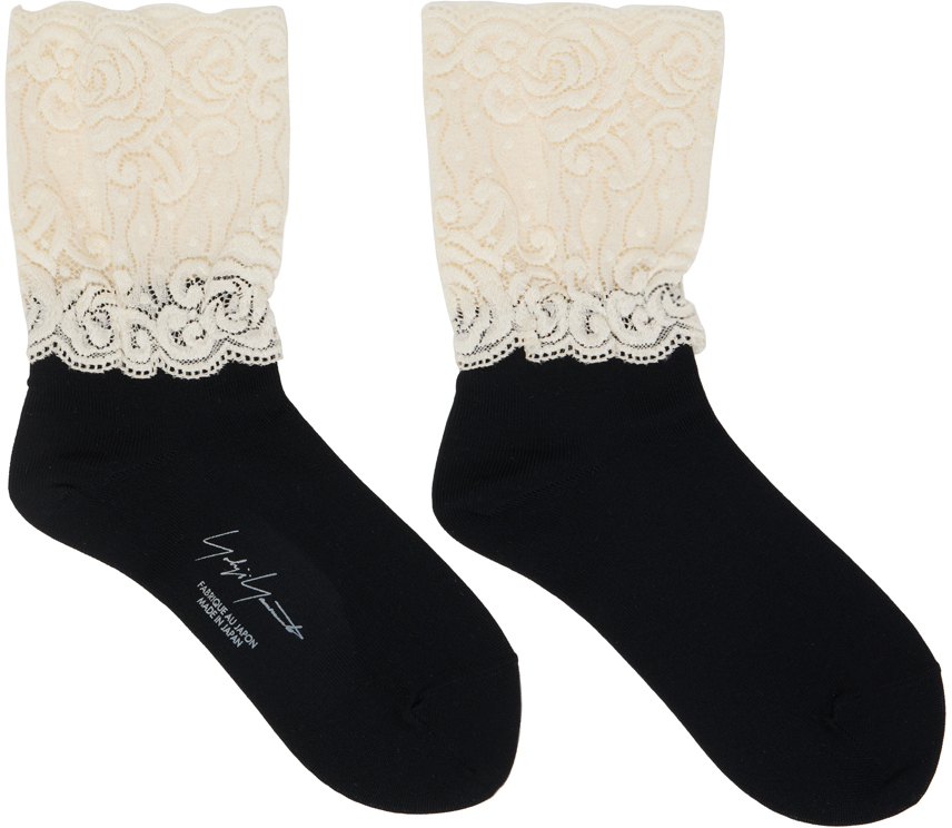 Shop Yohji Yamamoto Black & Off-white Short Lace Socks In 2 Blk X Wht