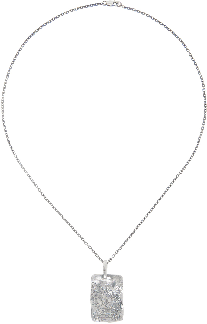 Shop Yohji Yamamoto Silver Devil & Angel Plate Pendant Necklace In 1 Silver
