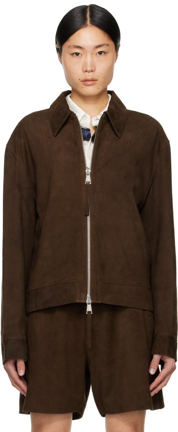 Commas Brown Zip Leather Jacket In Dark Chocolate