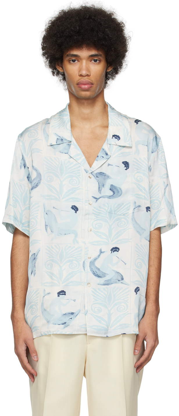 Shop Commas Blue Camp Collar Shirt In Fresco Tile Blue