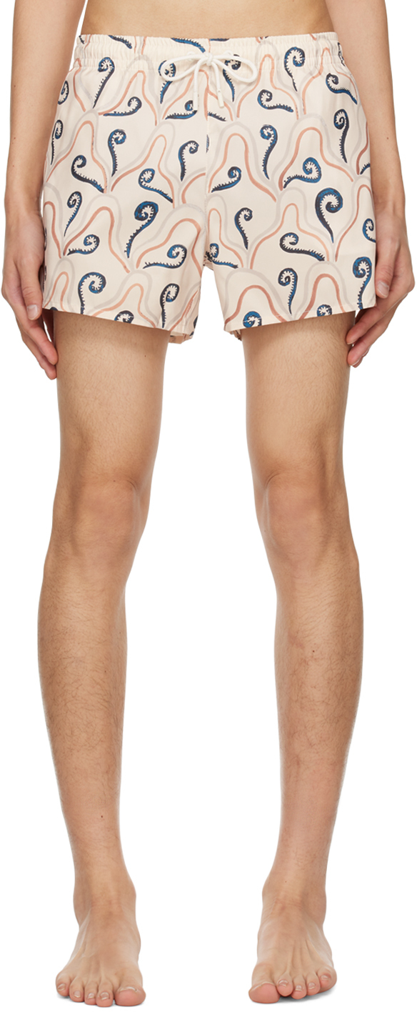 Beige Printed Swim Shorts