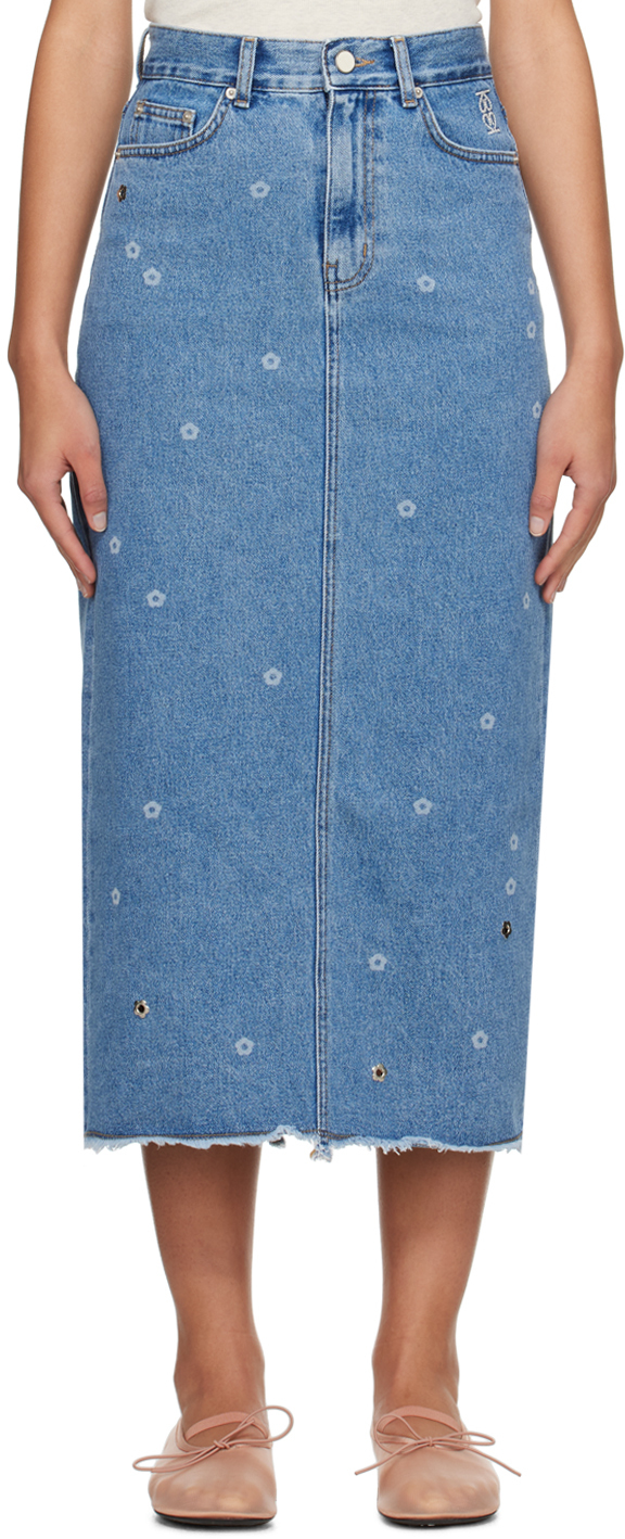 Blue Flower Denim Maxi Skirt