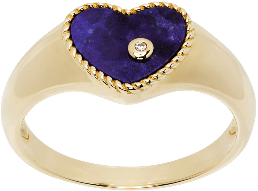 Shop Yvonne Léon Gold Baby Chevaliere Cœur Lapis Lazuli Ring In 9k Yellow Gold