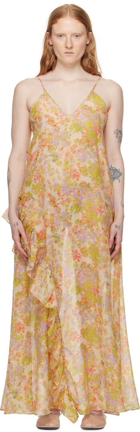 Shop Kika Vargas Yellow Kate Maxi Dress In Pink Garden Silk
