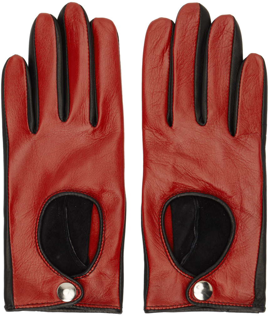 Red & Black Contrast Leather Driving Gloves