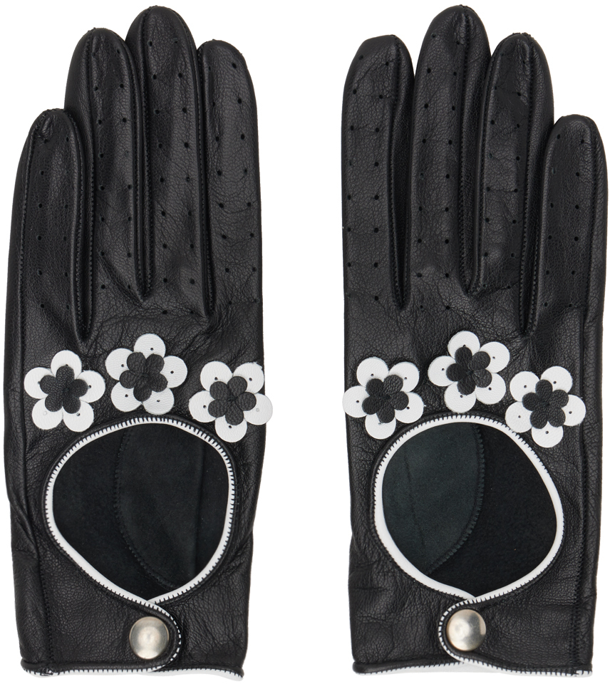 Black & White Floral Leather Gloves