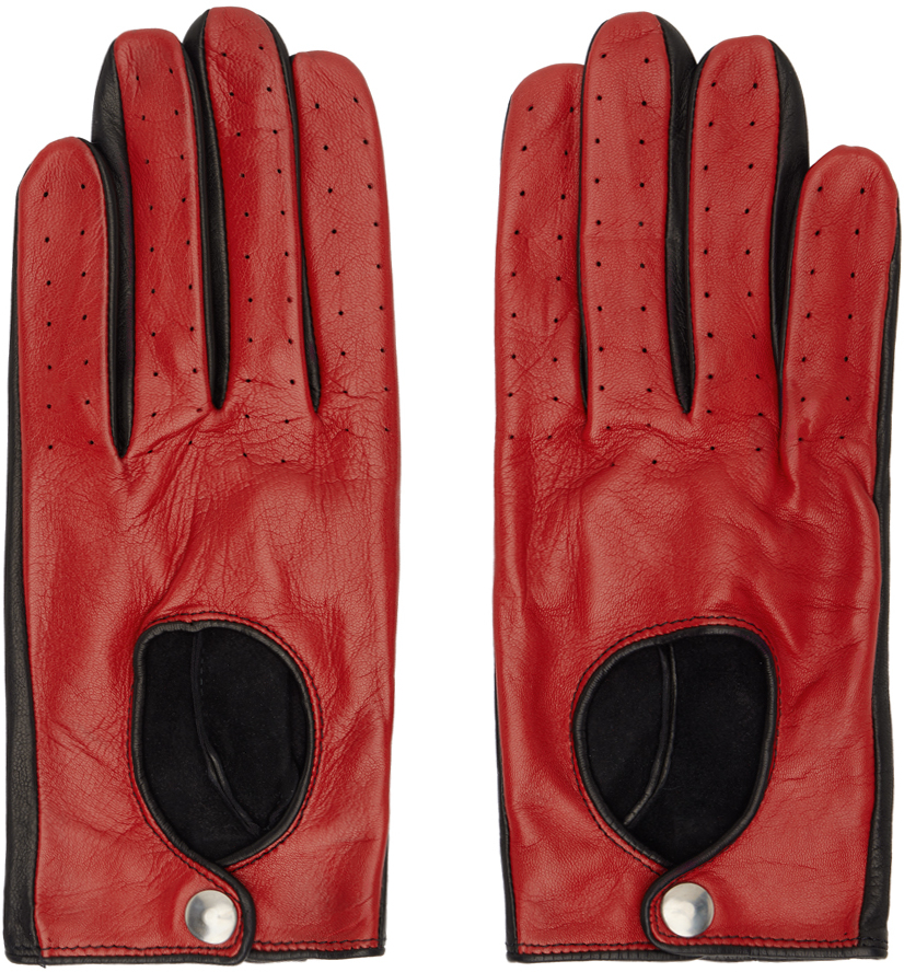 Black & Red Contrast Leather Driving Gloves