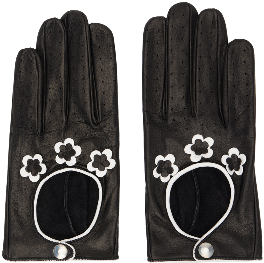 Black & White Floral Leather Gloves
