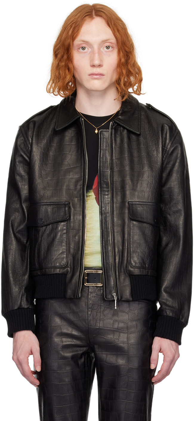 Black Croc-Embossed Leather Jacket
