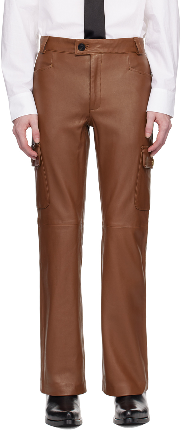 Shop Ernest W Baker Brown Flared Leather Cargo Pants In Brown Leather