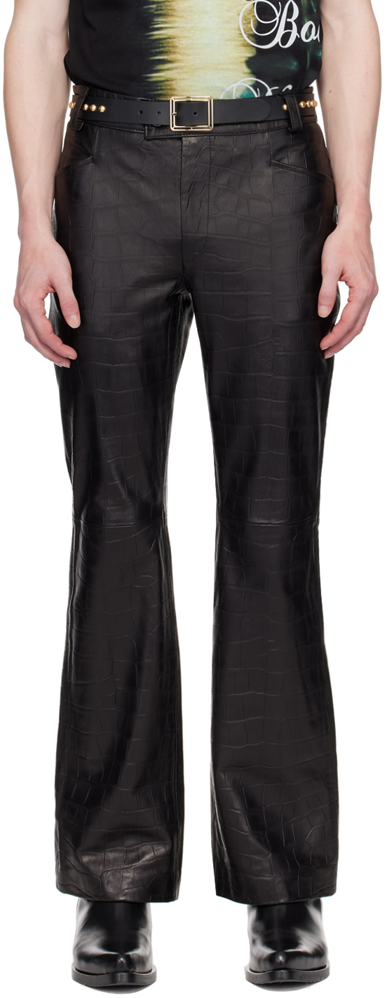Black Croc-Embossed Leather Pants