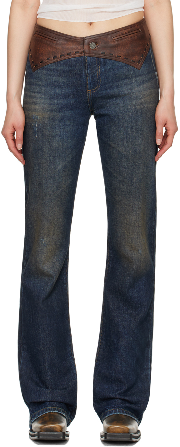 Indigo Contrast Leather Jeans