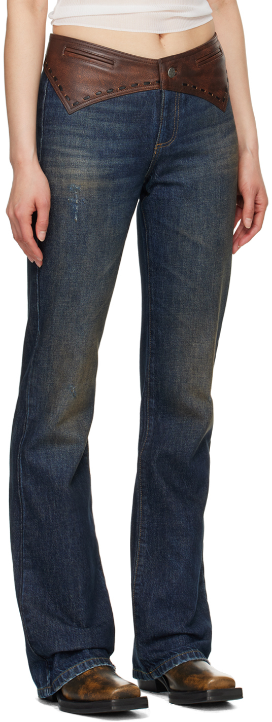 Shop Guess Usa Indigo Contrast Leather Jeans In Gusd Gusa Sanded Dar