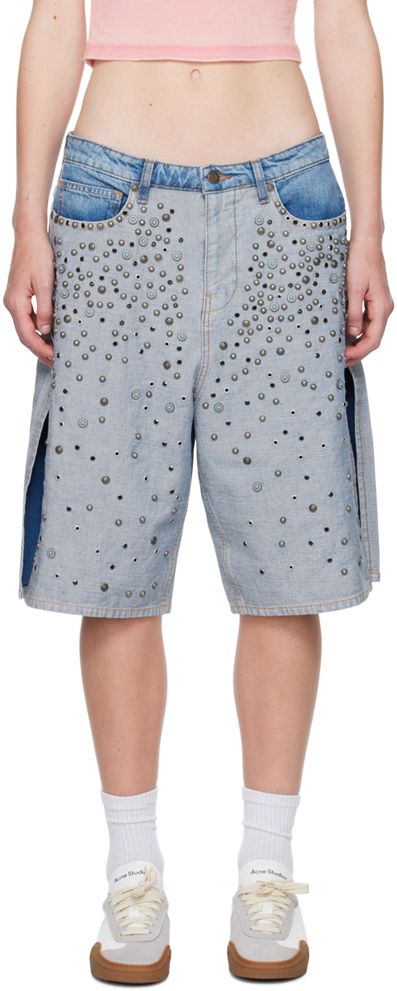 Shop Guess Usa Blue Stud Denim Shorts In Guui Gusa Used Indig