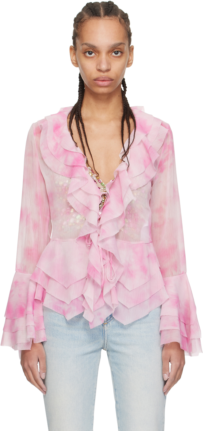Shop Guess Usa Pink Ruffle Blouse In F61g Faded Rose Mult