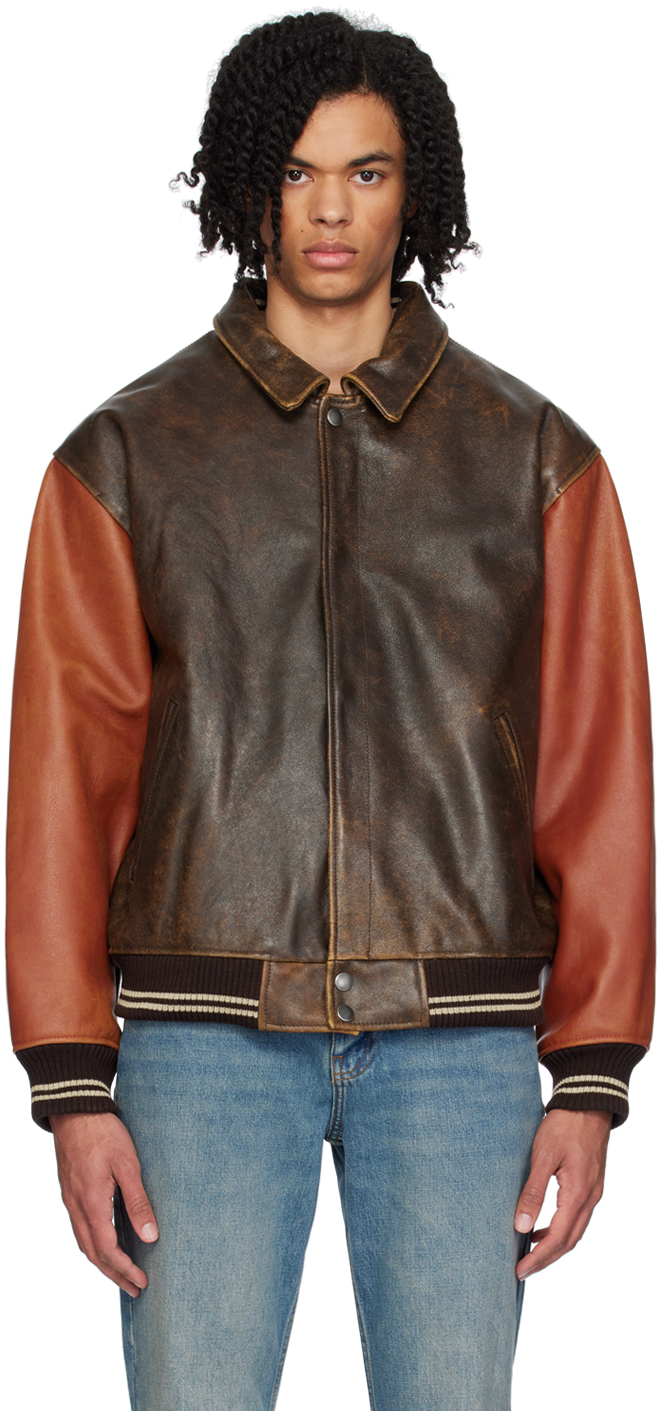 Shop Guess Usa Brown & Orange Varsity Leather Bomber Jacket In F1nf Varsity Brown