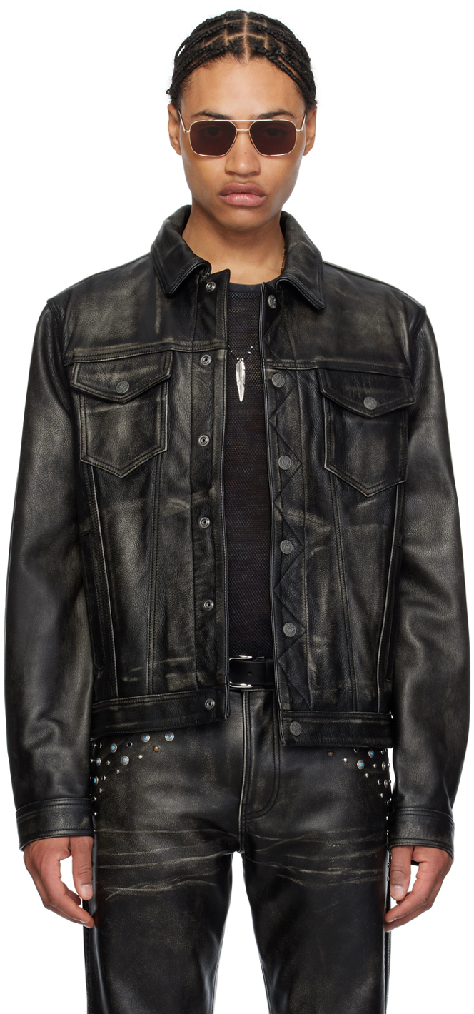 Shop Guess Usa Black Distressed Leather Jacket In Jtmu Jet Black Multi