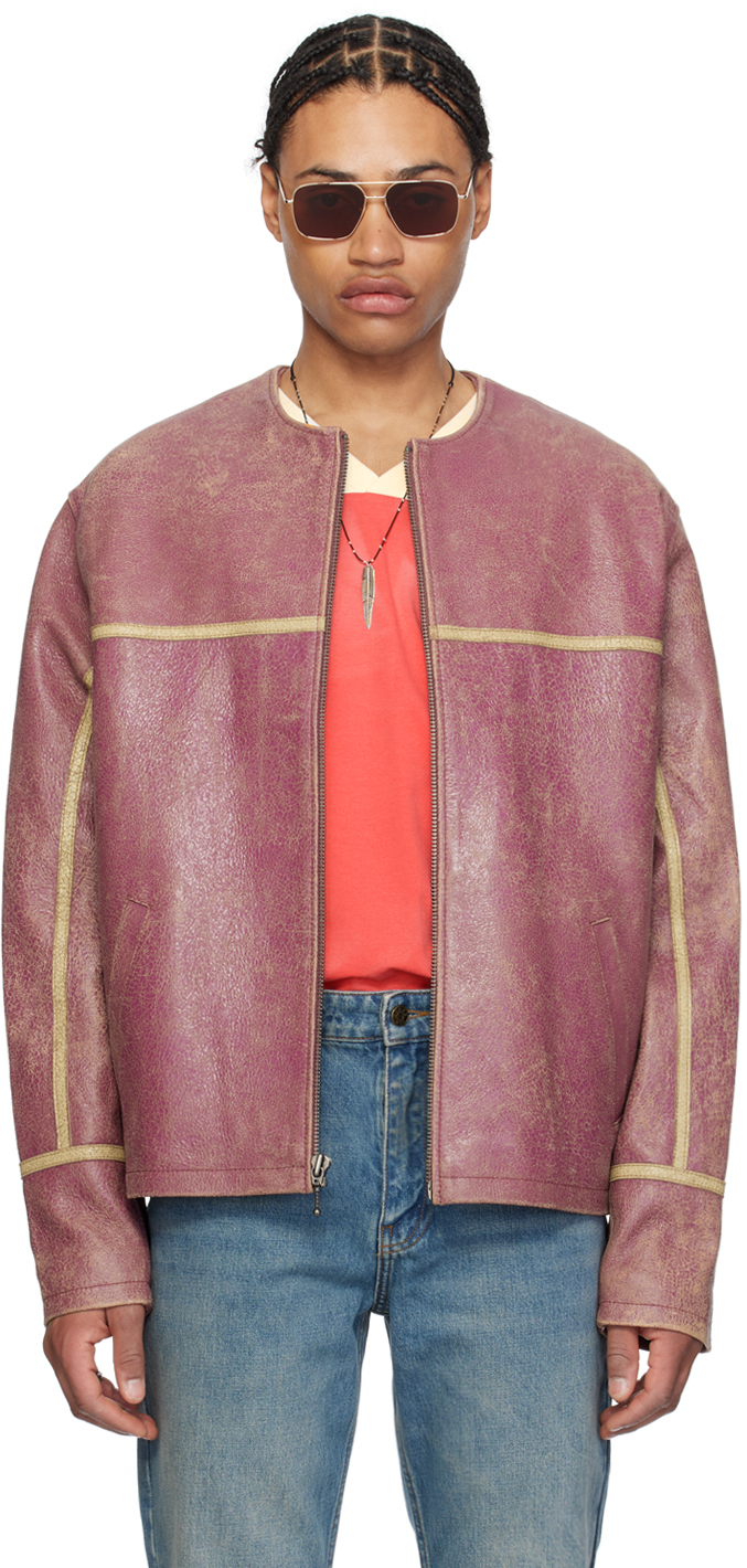 Shop Guess Usa Purple Round Neck Leather Jacket In P669 Distressed Dams