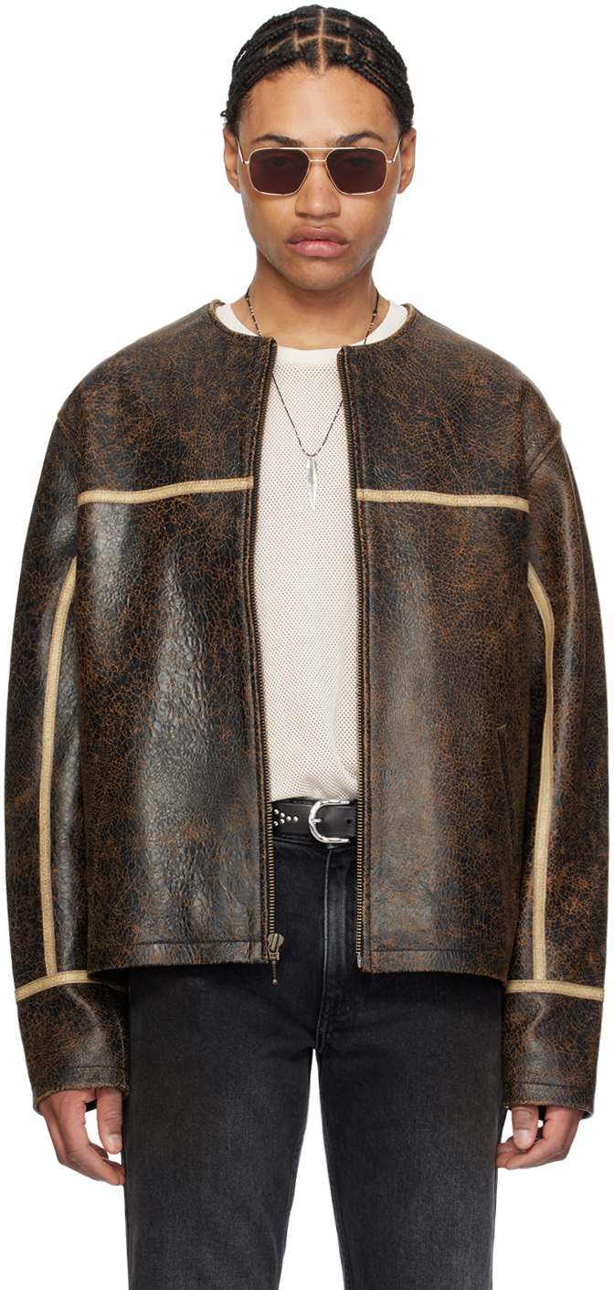 Brown Round Neck Leather Jacket