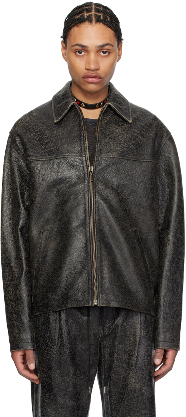 Shop Guess Usa Black Collar Leather Jacket In Jblk Jet Black A996