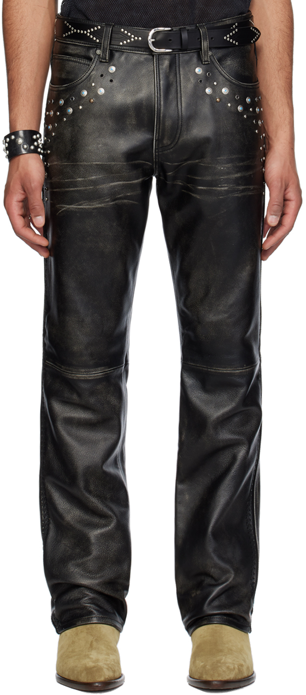 Shop Guess Usa Black Flare Leather Pants In Jblk Jet Black A996