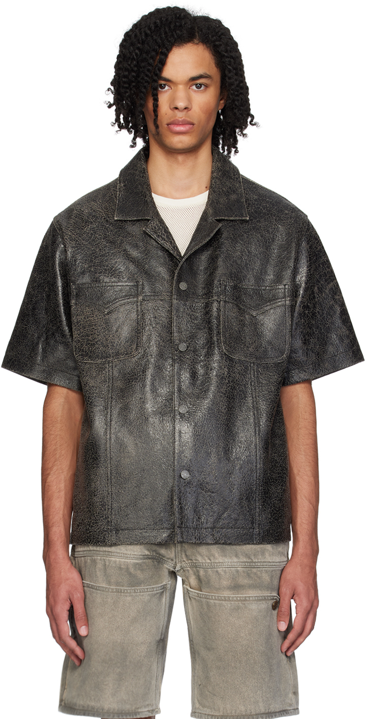 Guess Usa Black Distressed Leather Shirt In Jtmu Jet Black Multi