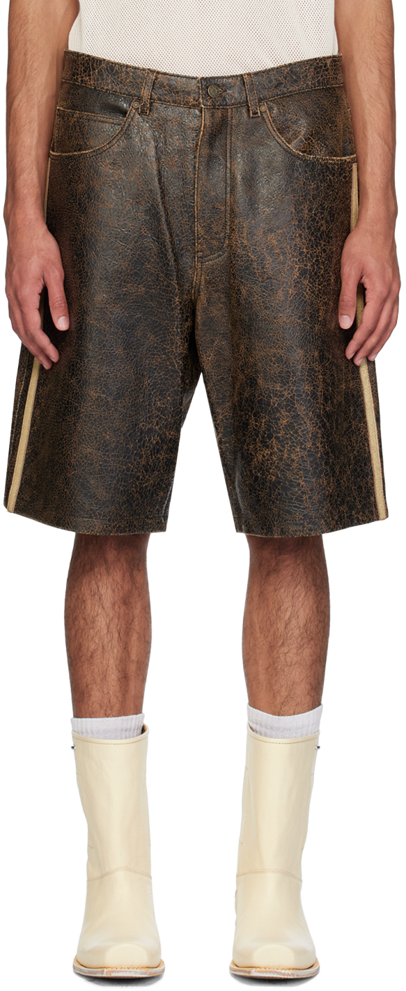 Guess Usa Brown Crackle Leather Shorts In A11a Amos Brown Mult
