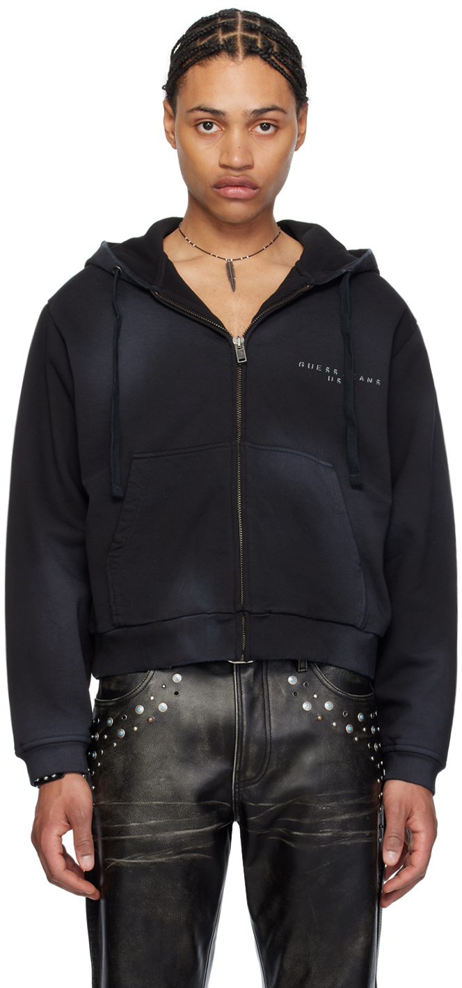 Shop Guess Usa Black Zip Hoodie In F9ck Washed Out Blac
