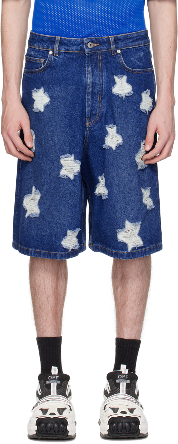 Shop Off-white Blue Stars Denim Shorts In Medium Blue
