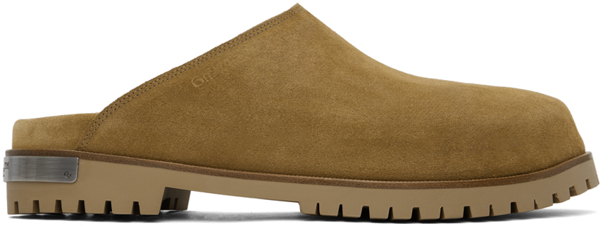 Shop Off-white Tan Metal Logo Suede Slip-on Loafers In Sand Silver