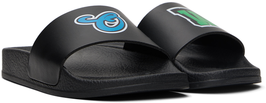 Off-white Kids Black Pool Slides In Black Green