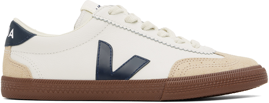 White & Navy Volley Leather Sneakers