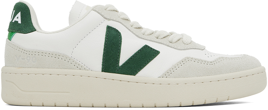 Shop Veja White & Green V-90 Sneakers In Extra White/cyprus