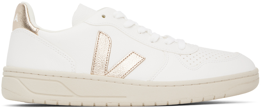 White & Gold V-10 ChromeFree Leather Sneakers