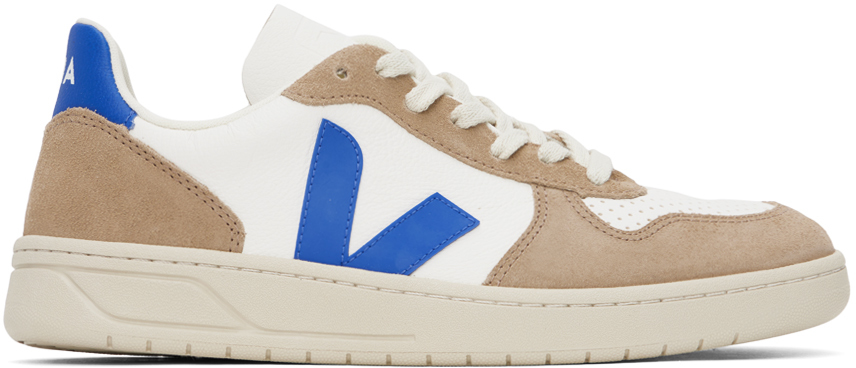 White & Brown V-10 Leather Sneakers