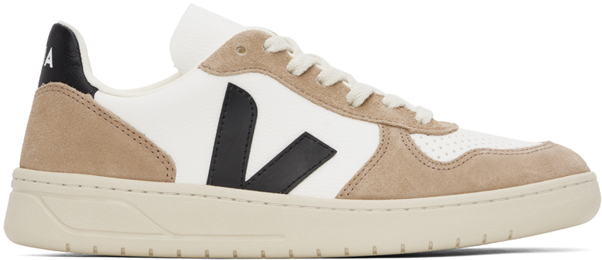 White & Brown V-10 Leather Sneakers