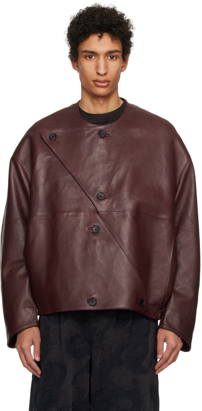 Shop T/sehne Ssense Exclusive Burgundy Lock-detail Leather Jacket