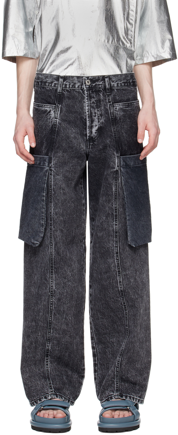 Shop T/sehne Black Fold-up-pocket Jeans In Acid Black
