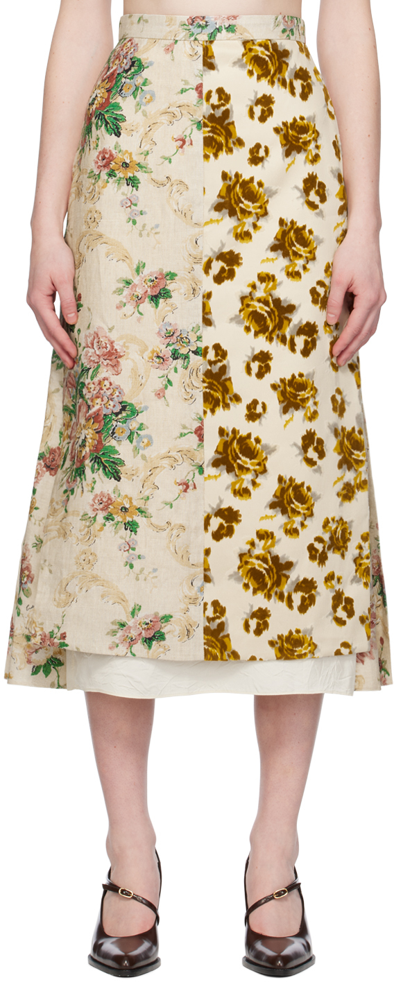 Shop Erdem Beige Pleated Midi Skirt In Ecru + Multi