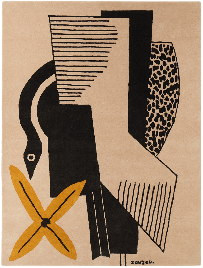 Zouzou Rugs Ssense Exclusive Beige & Black 'heron And Zucchini' Rug In Off-white/black
