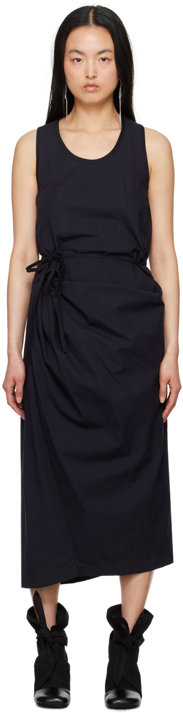 Lemaire Navy Wrap Midi Dress In Bl803 Midnight