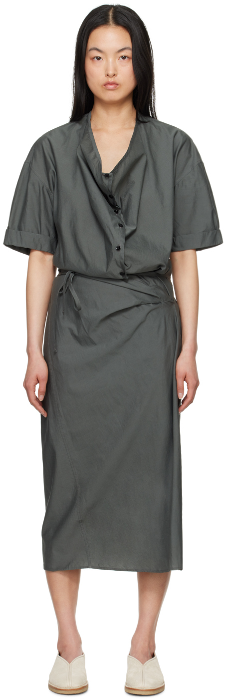 Lemaire Gray Wrap Midi Dress In Bk991 Asphalt