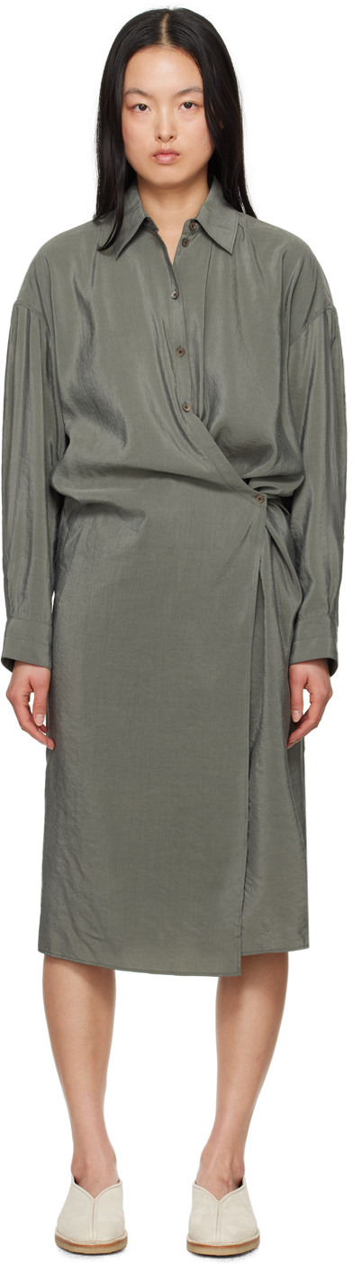 Lemaire Silk-blend Midi Wrap Shirt Dress In Bk949 Ash Grey