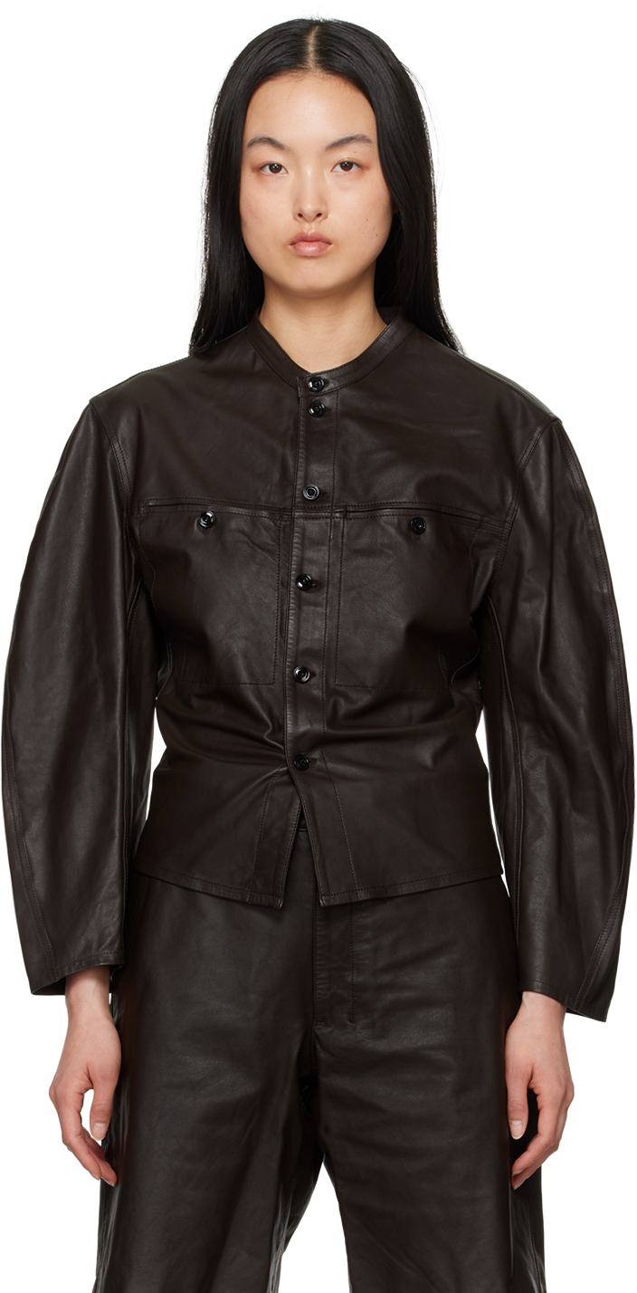 Lemaire Brown Curved Sleeve Leather Jacket In Br449 Dark Brown
