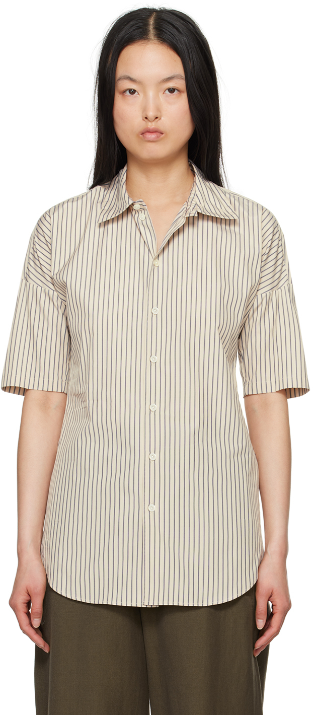 Lemaire Off-white & Navy Stripe Shirt In Mu009 Mastic / Navy