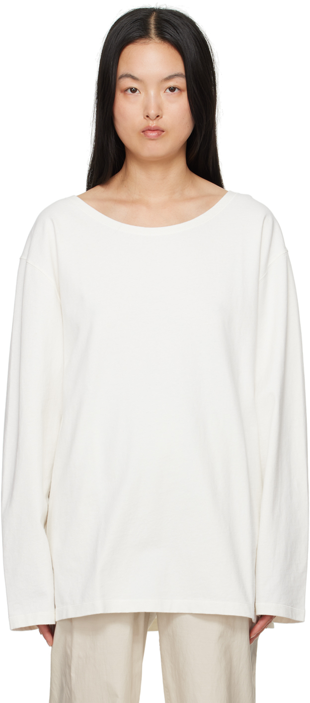 Lemaire Off-white Wide Neck Long Sleeve T-shirt In Wh001 Chalk