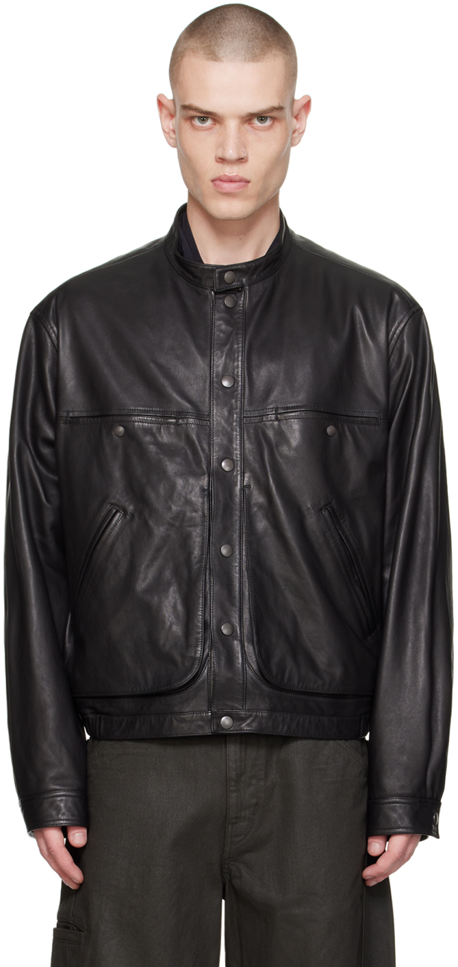 Lemaire Black Stand Collar Leather Jacket In Bk999 Black